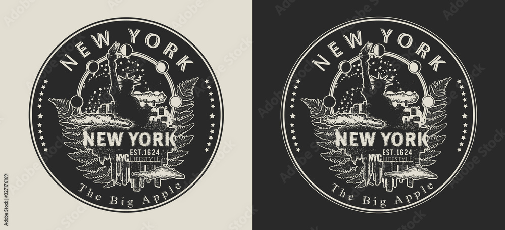 New York. United States of America (USA). The big apple slogan. Travel and tourism concept. Template for clothes, t-shirt design. Vector illustration