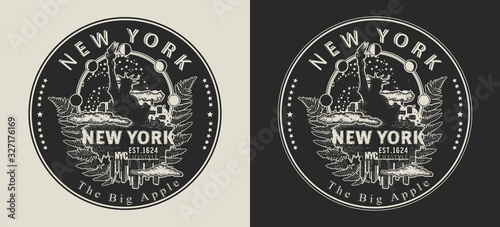 New York. United States of America (USA). The big apple slogan. Travel and tourism concept. Template for clothes, t-shirt design. Vector illustration