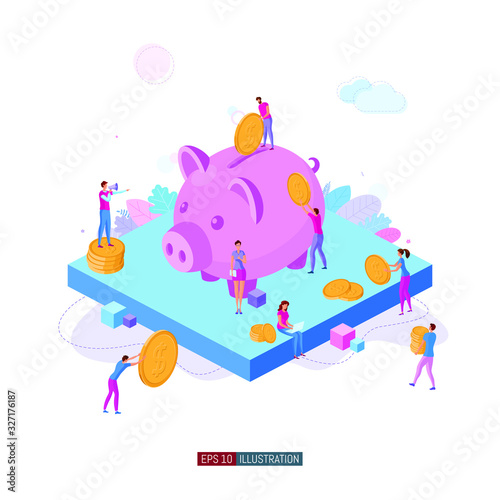 Trendy flat illustration. Banking service illustration concept. Deposit. Piggy bank. Bank team. Bank operations. Money. Coins. Template for your design works. Vector graphics.