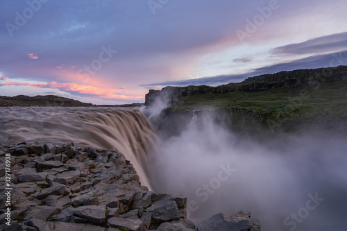 Majestic Dettifoss during blue hour, purple sky, Iceland