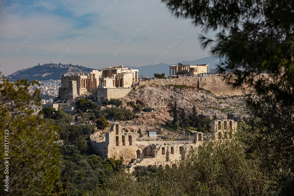 Acropolis Propylaea, Erechtheion and herodium odeon, view from Philopappos Hill. Athens, Greece.
