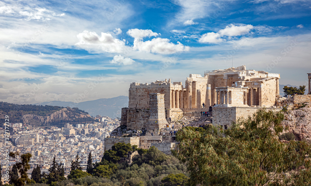 Naklejka premium Acropolis propylaea gate and monument Agrippa view from Philopappos Hill. Athens, Greece.