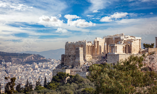Acropolis propylaea gate and monument Agrippa view from Philopappos Hill. Athens, Greece. photo