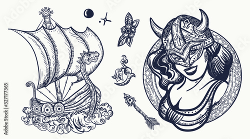 Vikings tattoo collection. Medieval long boat, woman warrior. Scandinavian culture. Valhalla art. Northern history