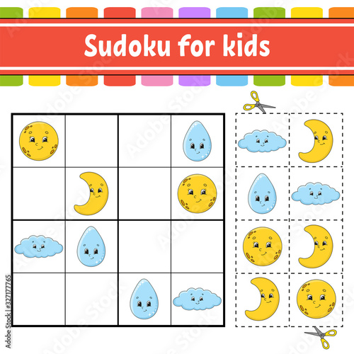 Sudoku for kids. Education developing worksheet. Activity page with pictures. Puzzle game for children. Logical thinking training. Isolated vector illustration. Funny character. Cartoon style.