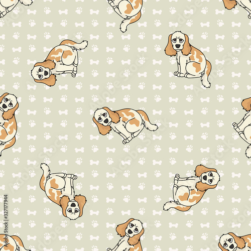 Hand drawn cute cocker spaniel puppy breed dog seamless vector pattern. Purebred pedigree domestic dog on paw background. Dog lover English hunting pet all over print. Kennel pooch. EPS 10.  photo