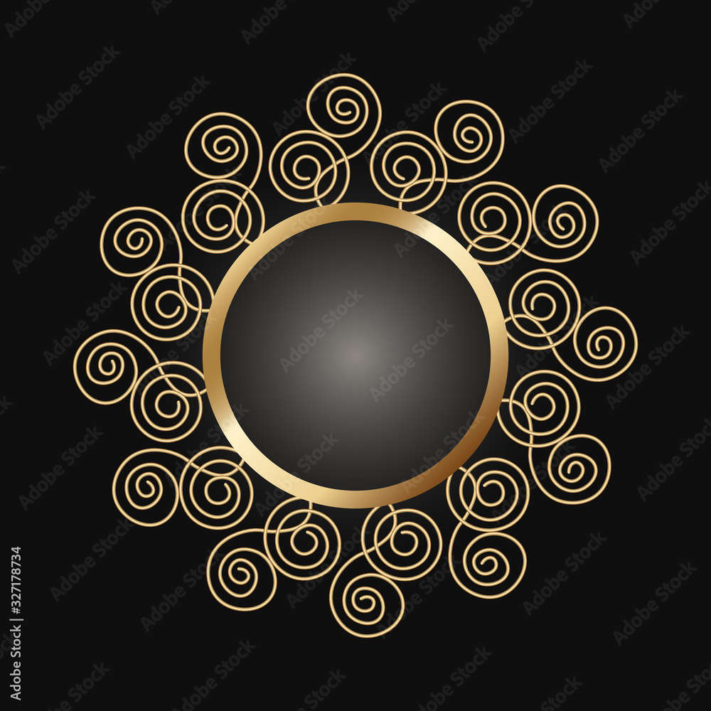 Decorative golden round frame on black background. Luxury mandala in ethnic style. Oriental circular vintage illustration. Arabic, Islamic, moroccan, asian, indian native african motif. Decorative golden round frame on black background. Luxury mandala in ethnic style. Oriental circular vintage illustration. Arabic, Islamic, moroccan, asian, indian native african motif.