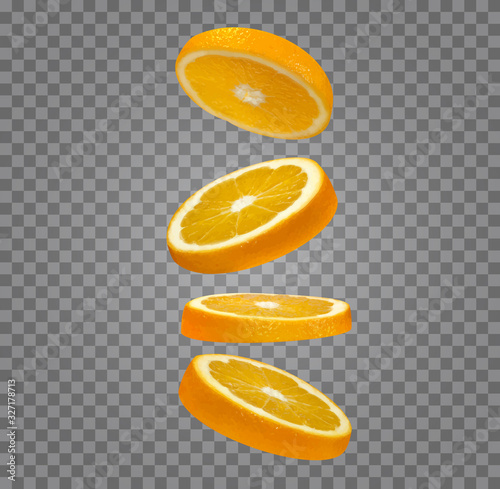 Set of realistic fresh ripe slices of oranges in different view isolated on transparent background. Vector bright colorful objects fruits for branding, advertising design.