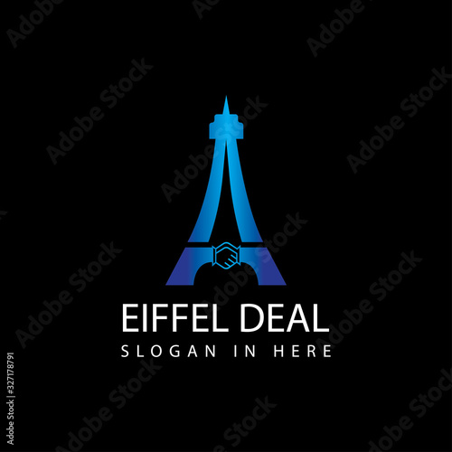 Eiffel with hand deal or shakehand inside vector logo design illustration