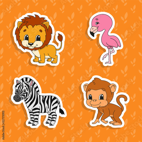 Set of bright color stickers. Orange lion. Brown monkey. Happy zebra. Pink flamingo. Cute cartoon characters. Vector illustration isolated on color background. Wild animals.