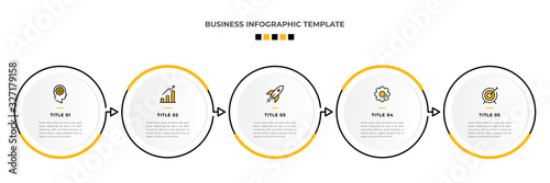 Minimal Modern Minimalist Business Infographics template with circle shape. 5 steps / option timeline with icons. For presentation, process, diagram, workflow, chart. Vector with orange, black