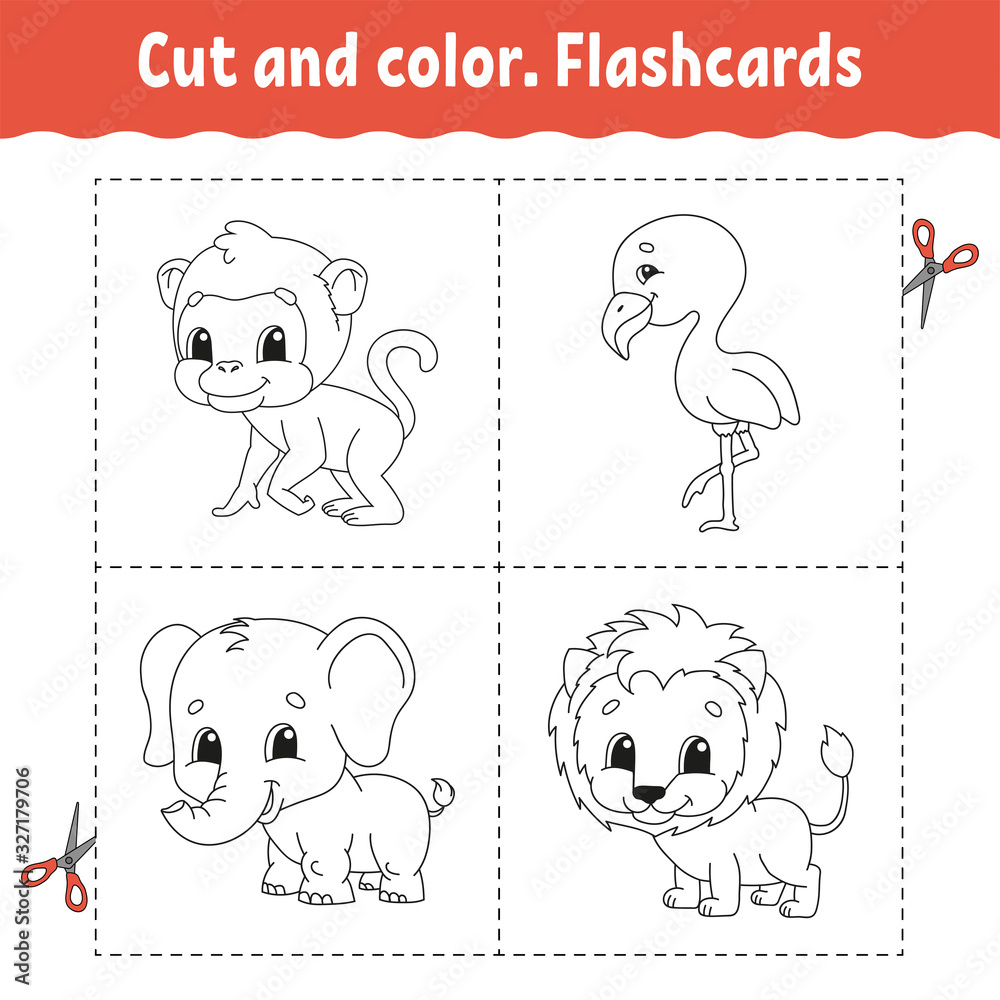 Cut and color. Flashcard Set. flamingo, lion, monkey, elephant. Coloring book for kids. Cartoon character. Cute animal.
