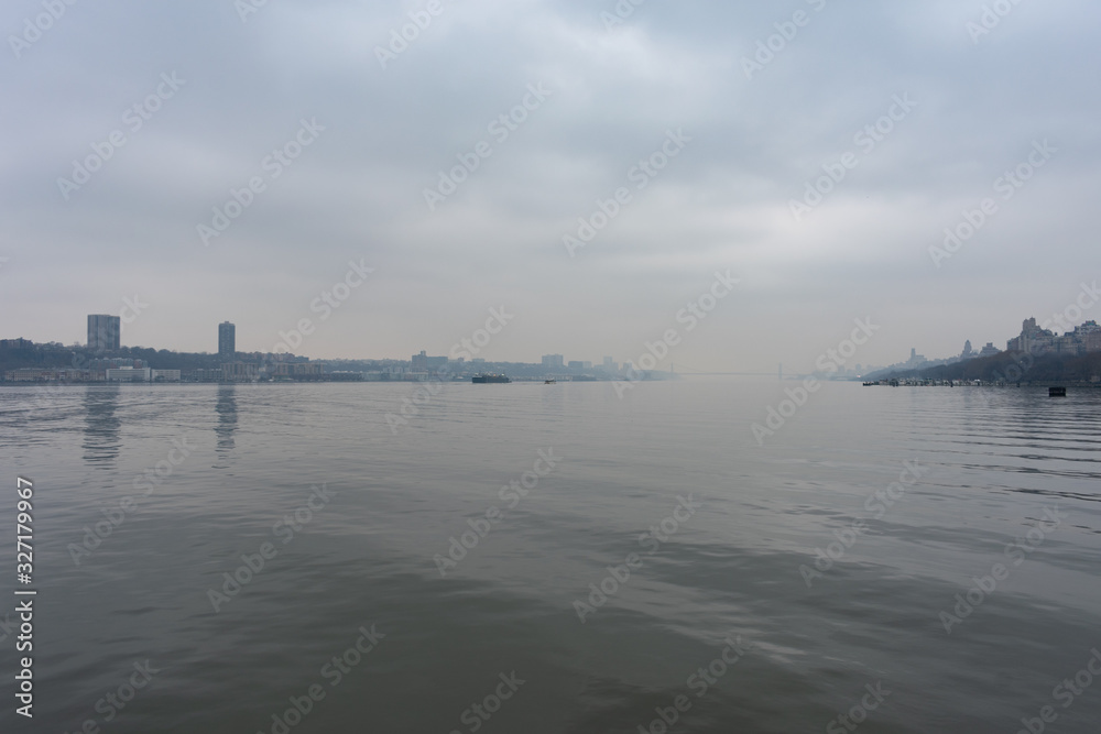 The Hudson River between Manhattan of New York City and New Jersey on a Foggy Day