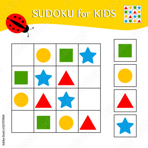 Sudoku game for children with pictures. Kids activity sheet.  Colorful geometric figures. Educational card.