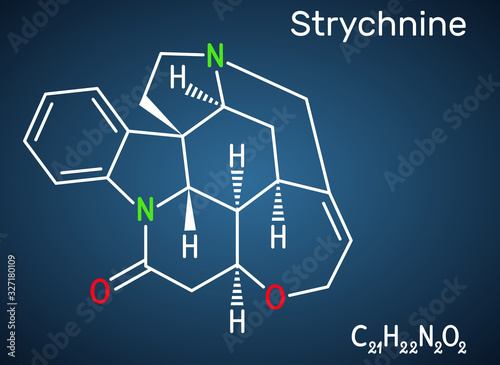 Strychnine, C21H22N2O2,  molecule. It is monoterpenoid indole alkaloid, is from the seeds of the Strychnos nux-vomica tree. Used for destroying rodents