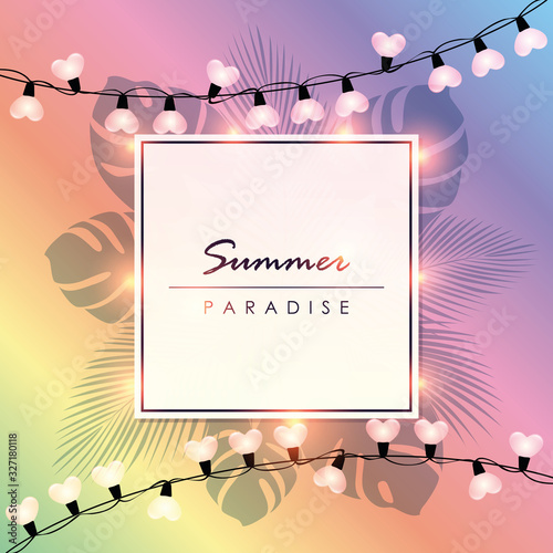 colorful summer paradise holiday design with palm leaves and fairy light vector illustration EPS10