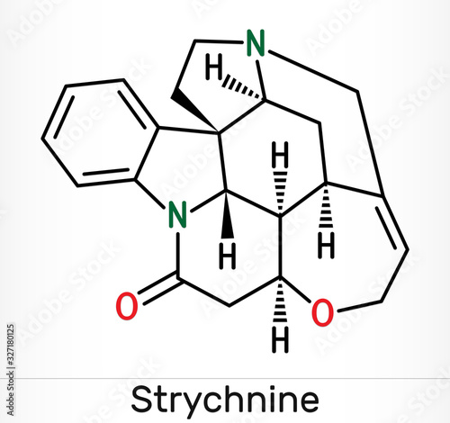 Strychnine, C21H22N2O2,  molecule. It is monoterpenoid indole alkaloid, is from the seeds of the Strychnos nux-vomica tree. Used for destroying rodents. Skeletal chemical formula