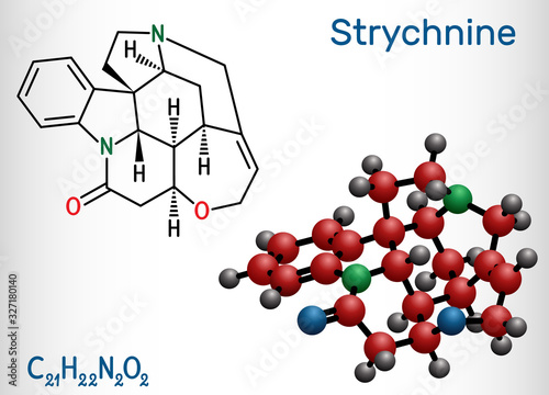 Strychnine, C21H22N2O2,  molecule. It is monoterpenoid indole alkaloid, is from the seeds of the Strychnos nux-vomica tree. Used for destroying rodents
