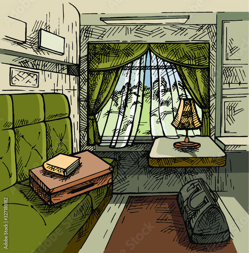 Sketch Train interior.  Travelling inside a luxurious vintage train carriage, window view.  Retro Travel bag. Hand drawn graphic illustration of train compartment.