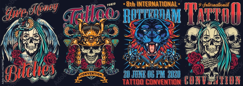 Plakat Vintage tattoo fests colorful posters