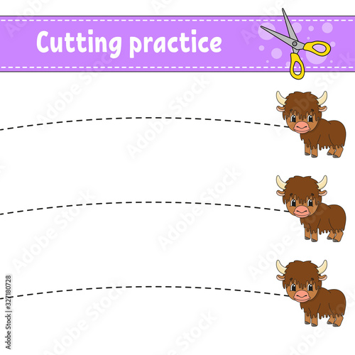 Cutting practice for kids. Animal yak. Education developing worksheet. Activity page. Color game for children. Isolated vector illustration. Cartoon character.