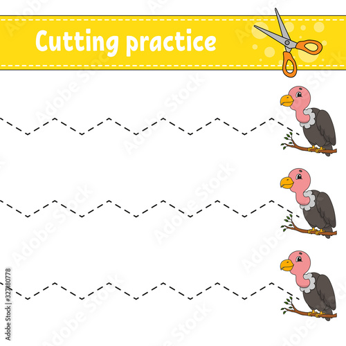 Cutting practice for kids. Bird vulture. Education developing worksheet. Activity page. Color game for children. Isolated vector illustration. Cartoon character.