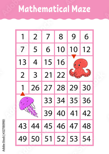 Mathematical rectangle maze. Jellyfish and octopus. Game for kids. Number labyrinth. Education worksheet. Activity page. Riddle for children. Cartoon characters.