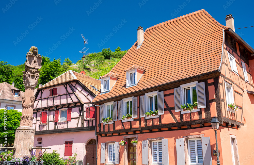 typical half timbered architecture in Ribeauville town in Alsace, France