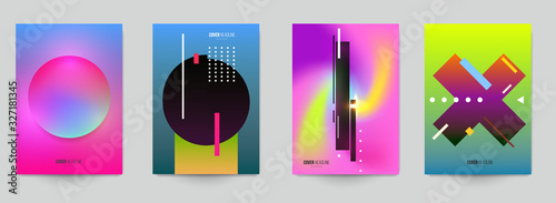 Modern trendy background cover posters, banners, flyers, placards. Set of abstract minimal template design for branding, advertising in gradient geometric memphis style. Vector illustration.
