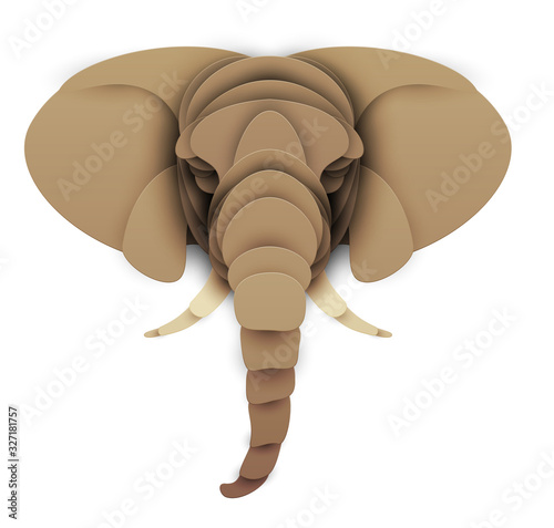 Abstract elephant head isolated on white background. Creative 3d concept in craft paper cut style. Colorful minimal design character. Original vector cartoon illustration.