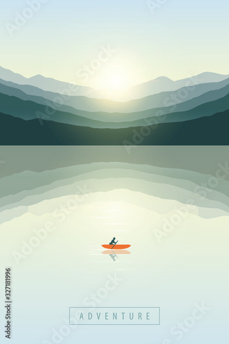 lonely canoeing adventure boat at sunrise by the lake on mountain nature landscape vector illustration EPS10
