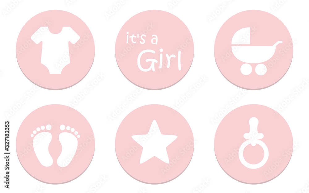 its a girl baby symbol icon bodysuit feet star pacifier and stroller vector illustration EPS10