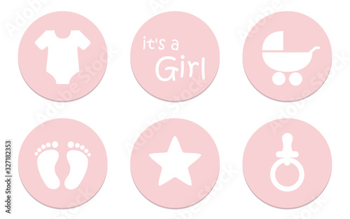 its a girl baby symbol icon bodysuit feet star pacifier and stroller vector illustration EPS10