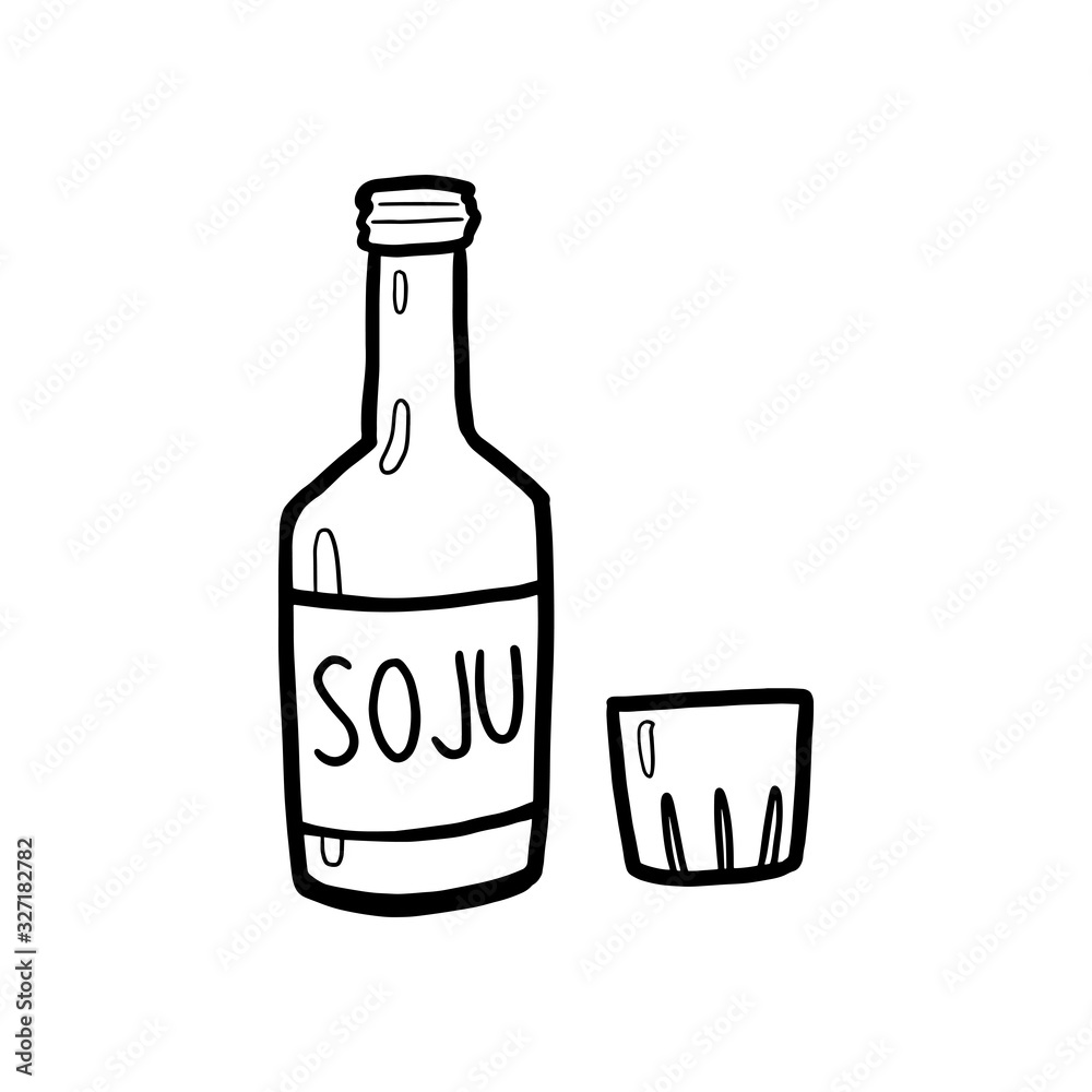Hand drawing outline of Soju, famous clear, colorless distilled beverage of Korean origin Hand drawing outline of Soju, famous clear, colorless distilled beverage of Korean origin