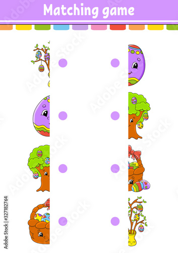 Matching game. Draw a line. Easter theme. Education developing worksheet. Activity page with color pictures. Riddle for children. Isolated vector illustration. Funny character. Cartoon style.