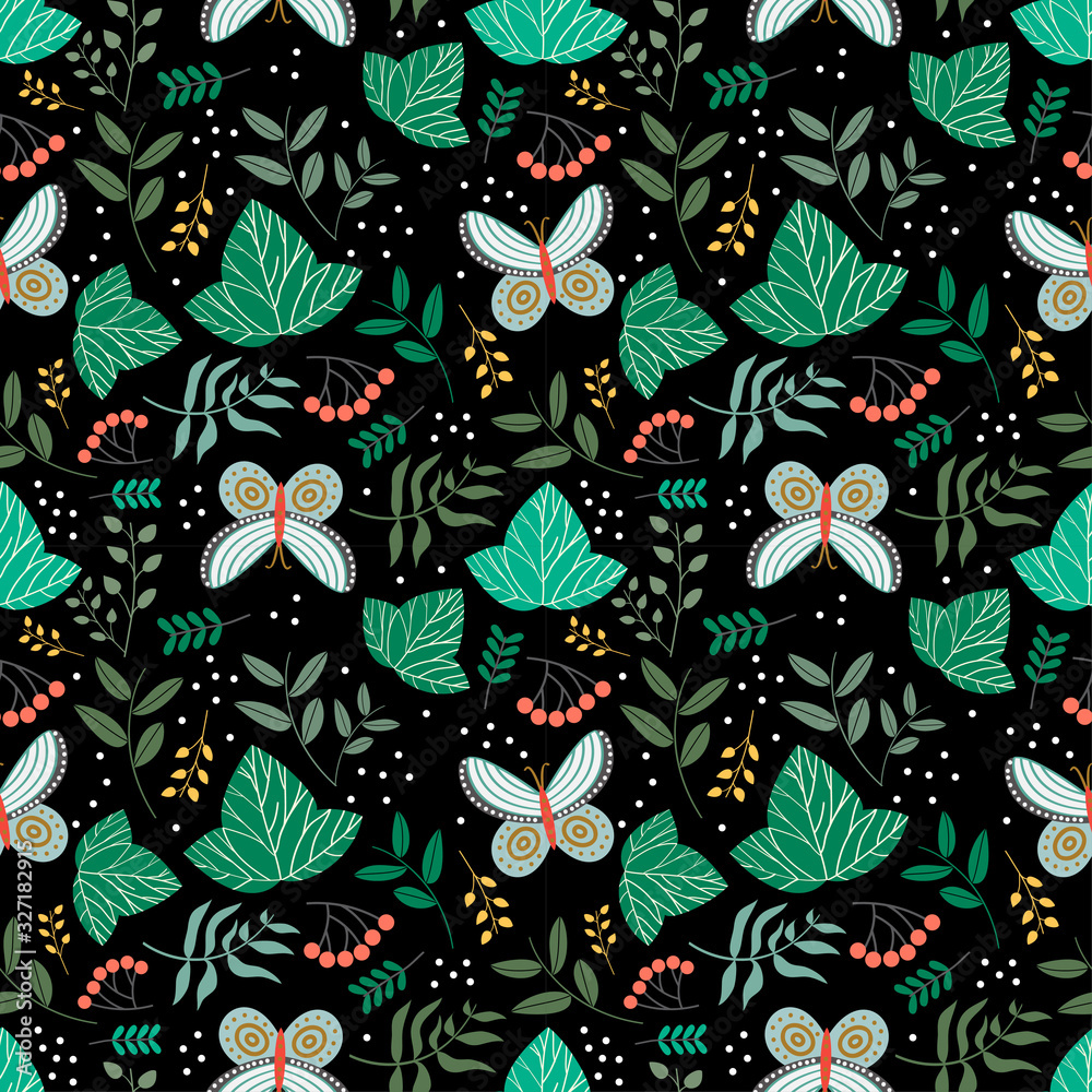 Black pattern with butterfly and floral concept Black pattern with butterfly and floral concept
