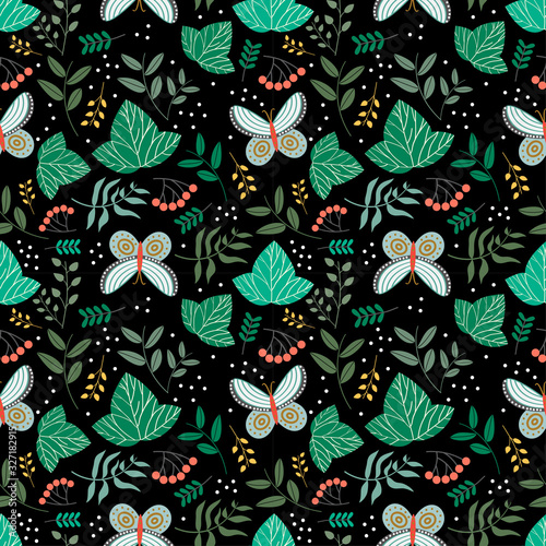 Black pattern with butterfly and floral concept