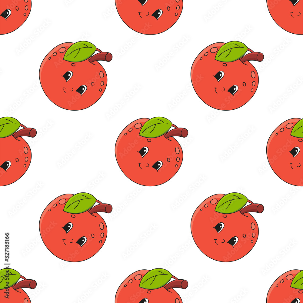Happy apple. Colored seamless pattern with cute cartoon character. Simple flat vector illustration isolated on white background. Design wallpaper, fabric, wrapping paper, covers, websites. Happy apple. Colored seamless pattern with cute cartoon character. Simple flat vector illustration isolated on white background. Design wallpaper, fabric, wrapping paper, covers, websites.