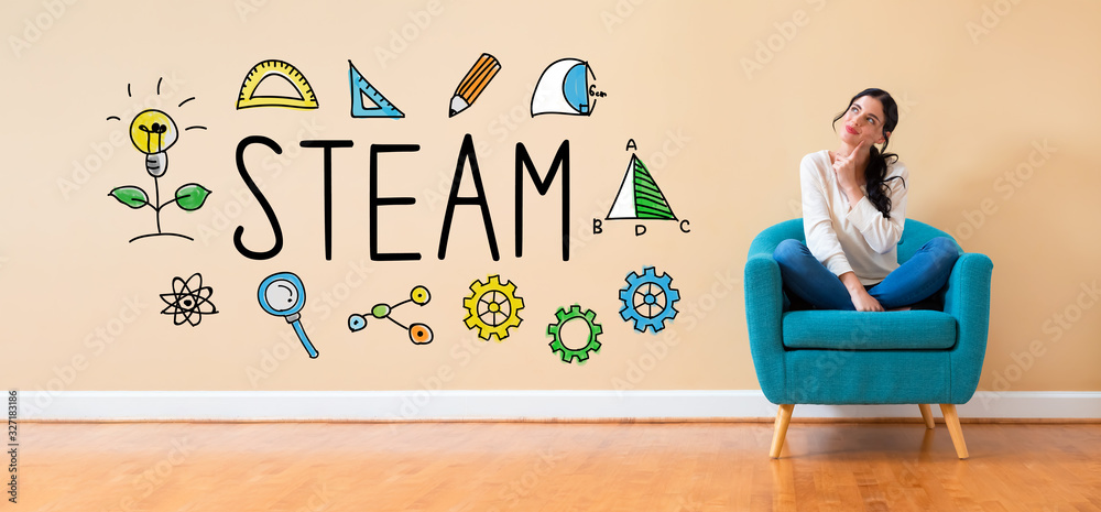 STEAM with woman in a thoughtful pose in a chair STEAM with woman in a thoughtful pose in a chair