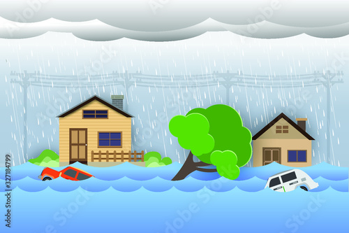city ​​flood,Rain and storm, flooding water in city street, vector design