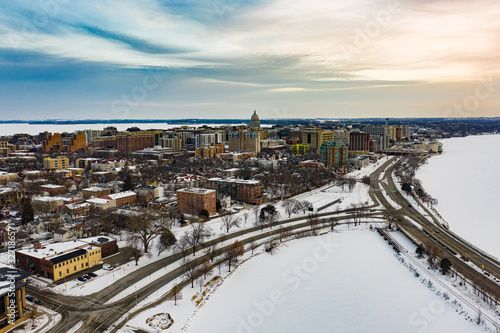 aerial drone shot of Madison Wisconsin
