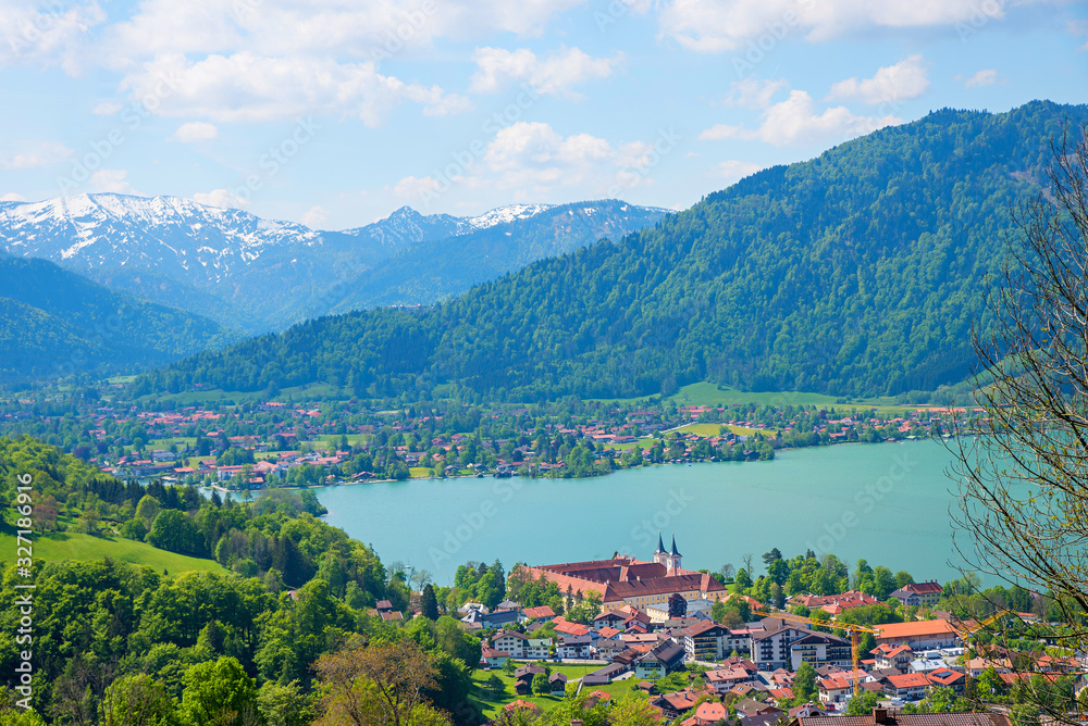 view to health resort and lake tegernsee, historic castle, alpine spring landscape bavaria