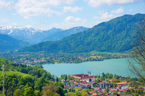 view to health resort and lake tegernsee, historic castle, alpine spring landscape bavaria © SusaZoom