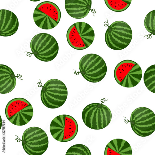 Seamless pattern with watermelon slice on white background. Summer illustration with colorful cute fruits. Food concept. Vector print for invitation, poster, card, fabric, textile.
