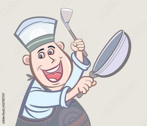 The good-humorous chef shows his cooking equipment. Pop art retro illustration cartoon style hand drawn vector