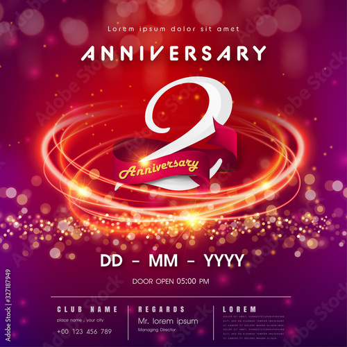2 years anniversary logo template on red and pink Abstract futuristic space background. 2nd modern technology design celebrating numbers with Hi-tech network digital technology concept design elements