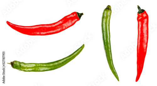 Set of two red and two green pods of hot chili pepper isolated on a white background