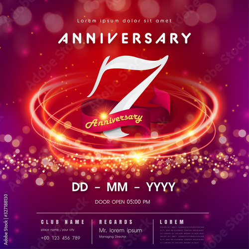 7 years anniversary logo template on red and pink Abstract futuristic space background. 7th modern technology design celebrating numbers with Hi-tech network digital technology concept design elements