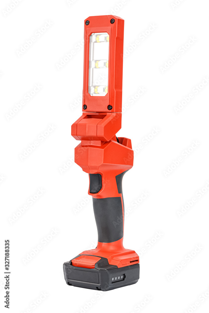 Fototapeta premium Cordless 12V LED task light with flexible head and retractable hook for hands-free lighting in red and black reinforced plastic case isolated on white background. Cut out construction tool image