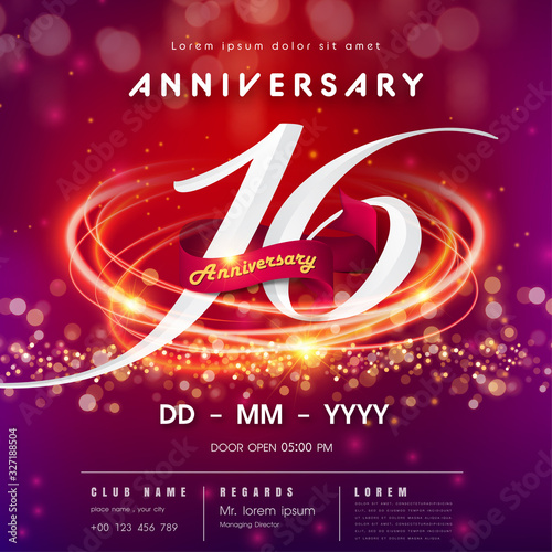 16 years anniversary logo template red and pink Abstract futuristic space background. 16th modern technology design celebrating numbers with Hi-tech network digital technology concept design elements